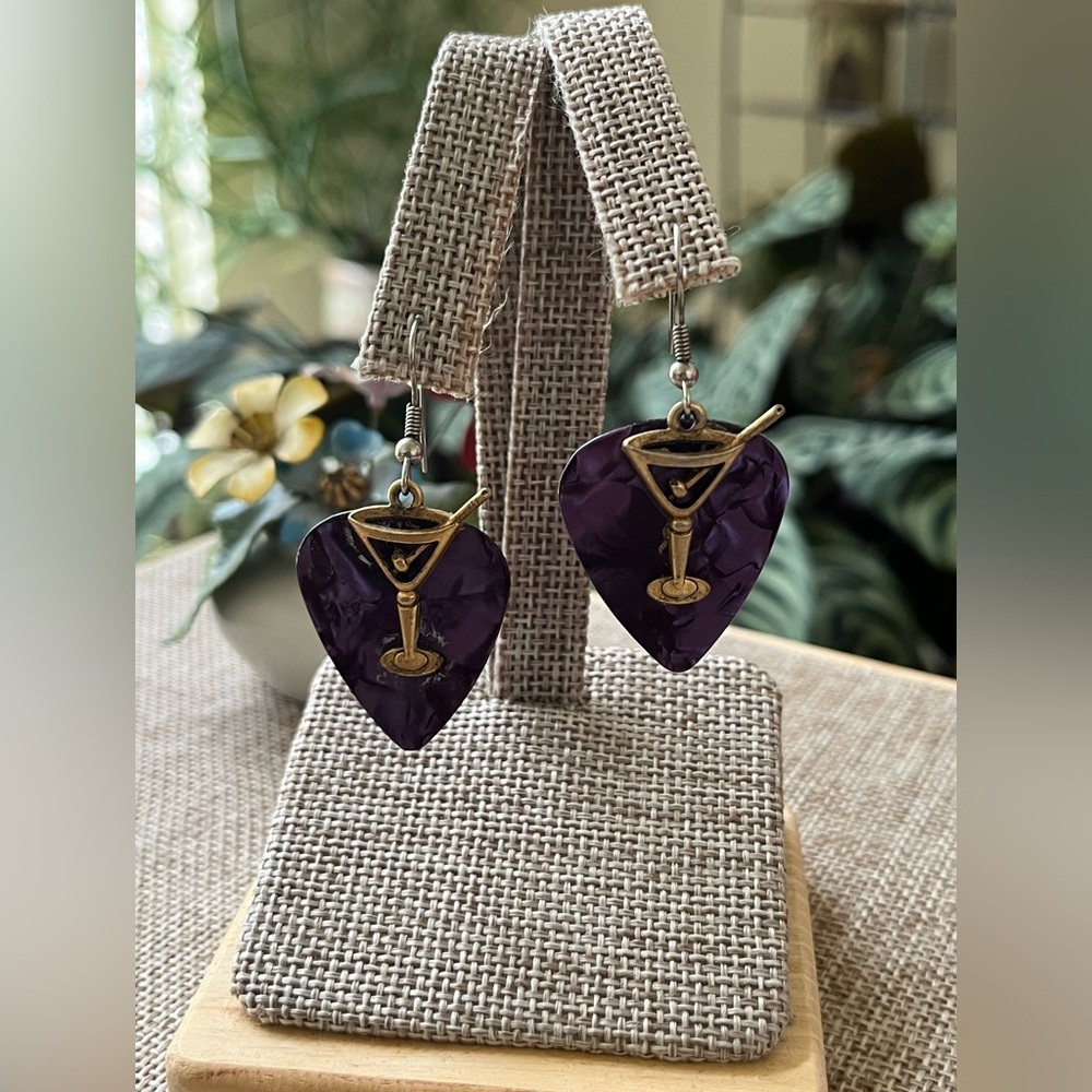 Purple Heart Earrings with Gold Martini Design - Picture 2 of 5